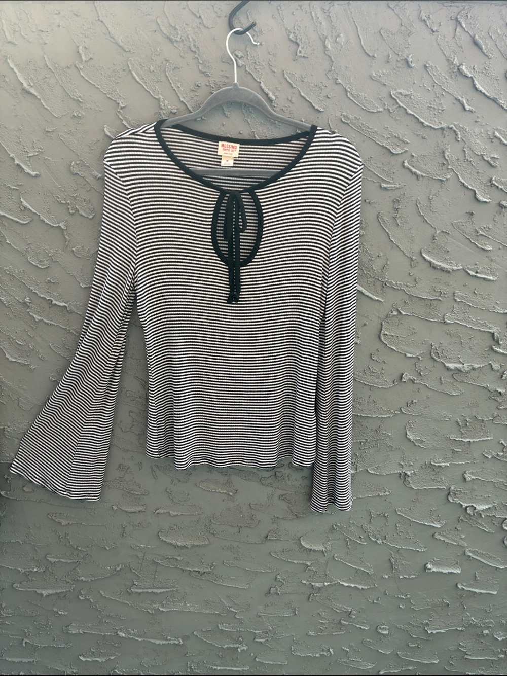 Mossimo Supply Co. Black & White Striped Tie-Neck Long Sleeve Top